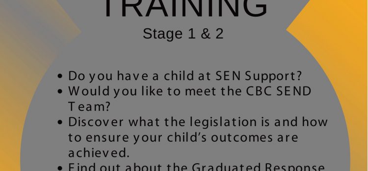 SNAP PCF – SEND SUPPORT TRAINING, DO YOU HAVE A CHILD WITH SEN SUPPORT? MEET THE CBC SEND TEAM, LEARN GRADUATED RESPONSE AND THE LEGISLATION * 18 MAY 10AM-12PM @ RUFUS CENTRE FLITWICK
